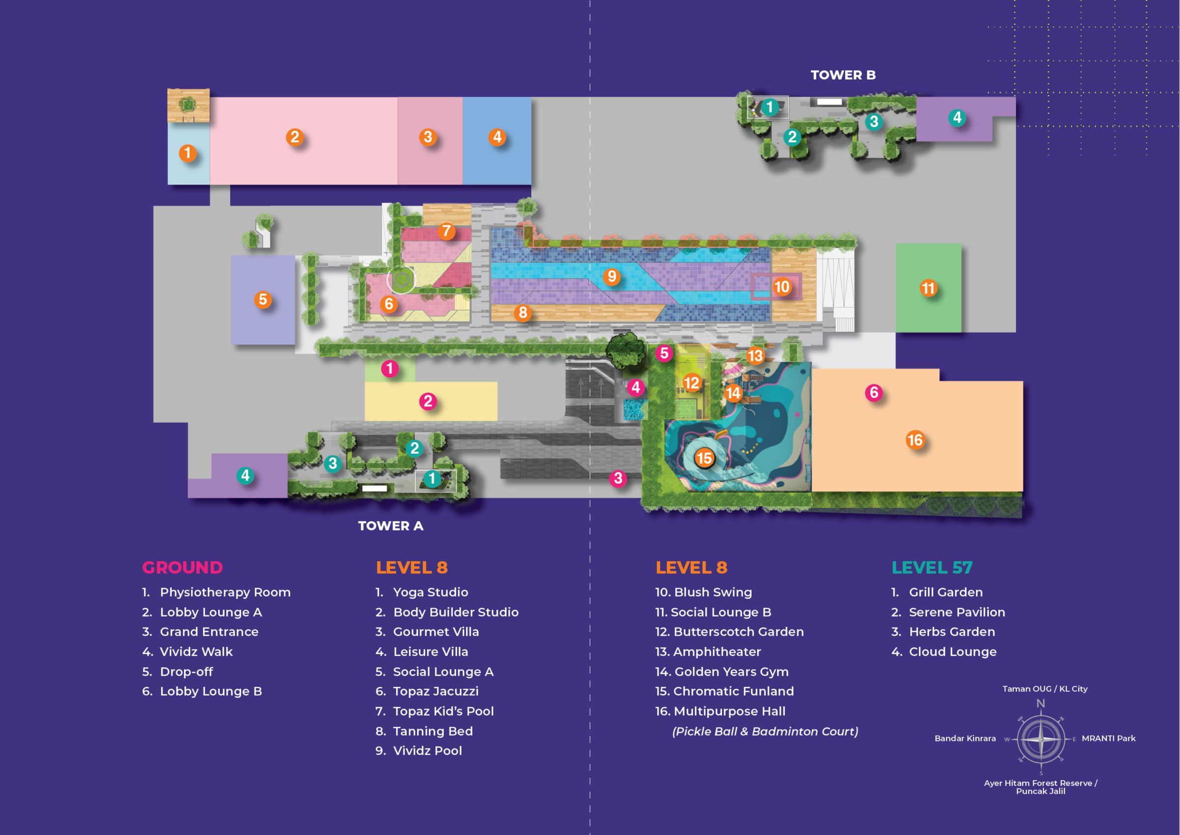 Facilities plan for The Vividz @ Bukit Jalil, showing ground, Level 8 and Level 57 facilities