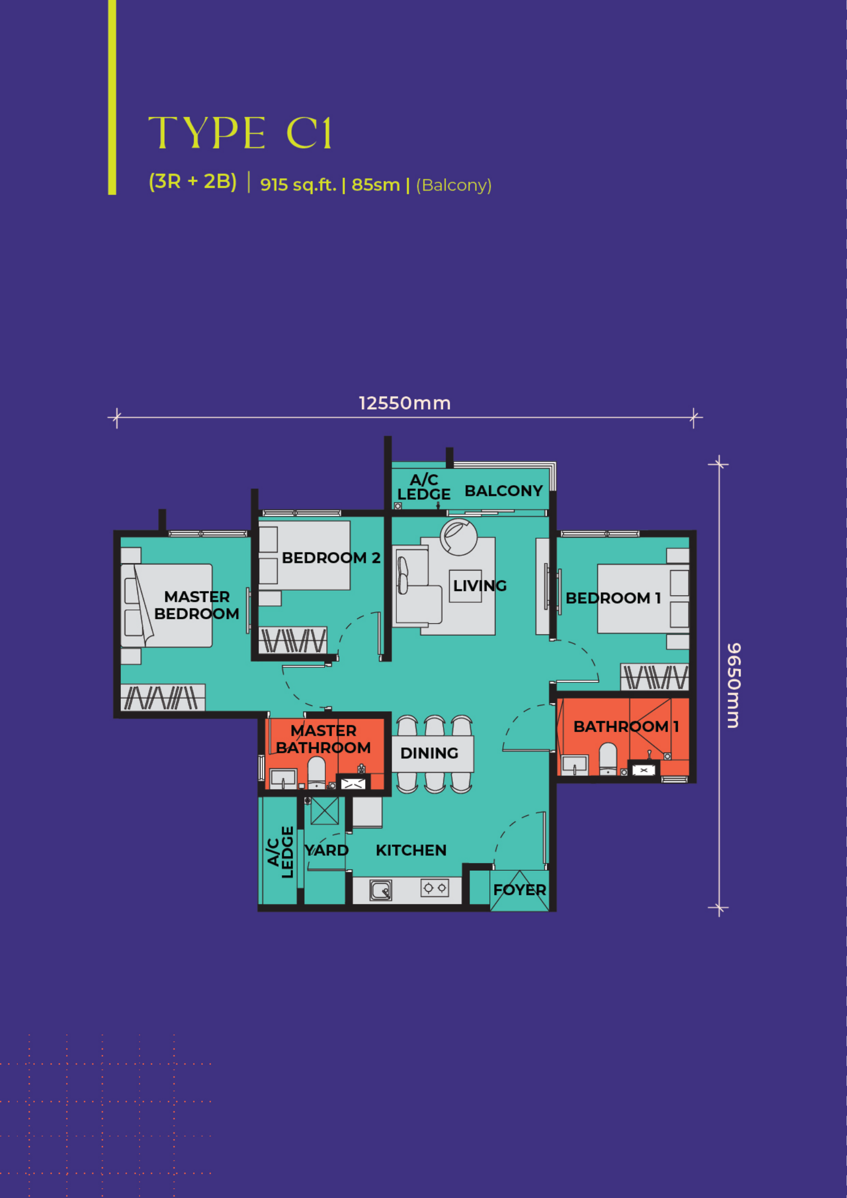 Type C1 floor plan at The Vividz — 915 sq.ft. / 85 sq.m., 3 Bedrooms, 2 Bathrooms &middot; with balcony