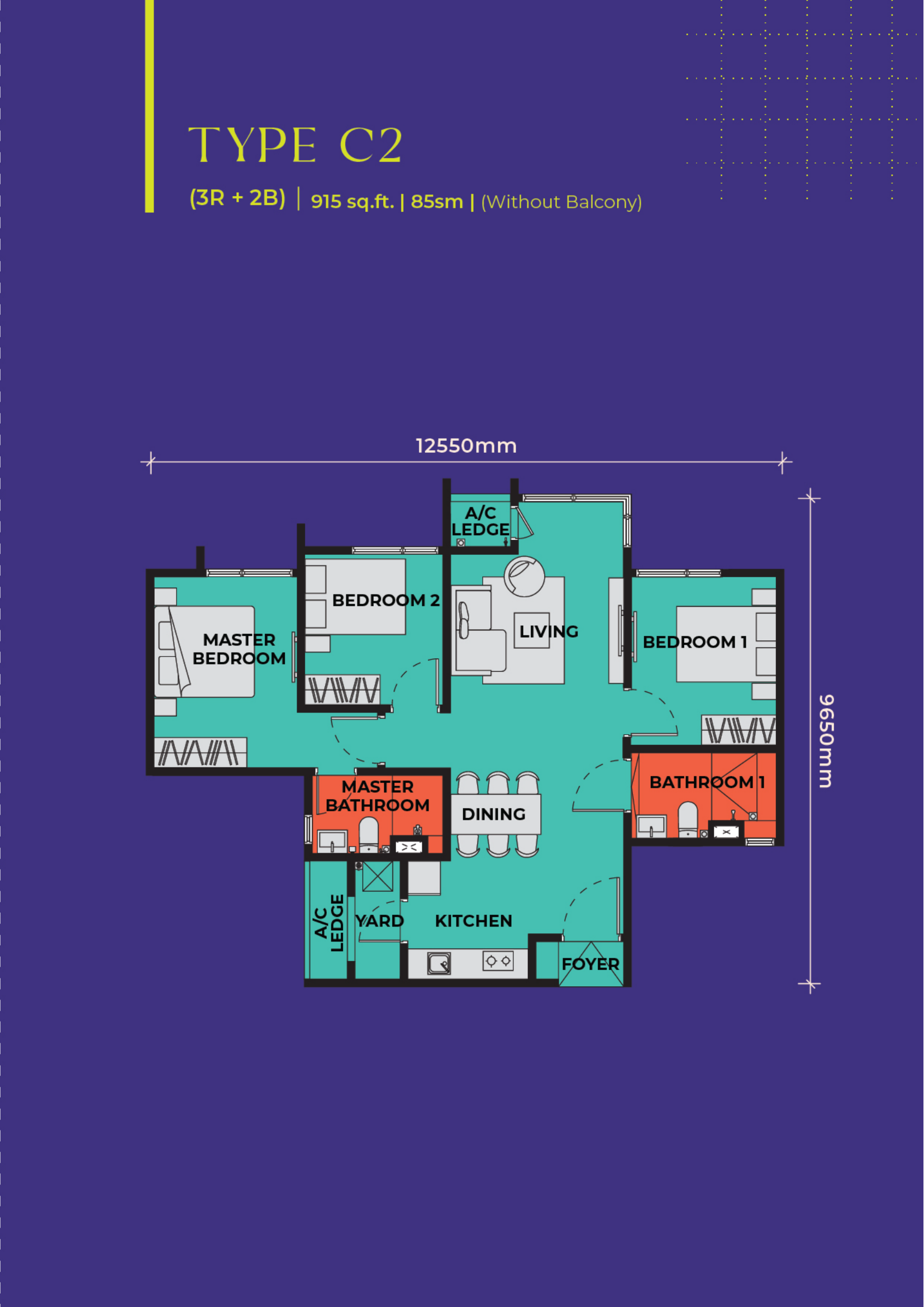 Type C2 floor plan at The Vividz — 915 sq.ft. / 85 sq.m., 3 Bedrooms, 2 Bathrooms &middot; without balcony